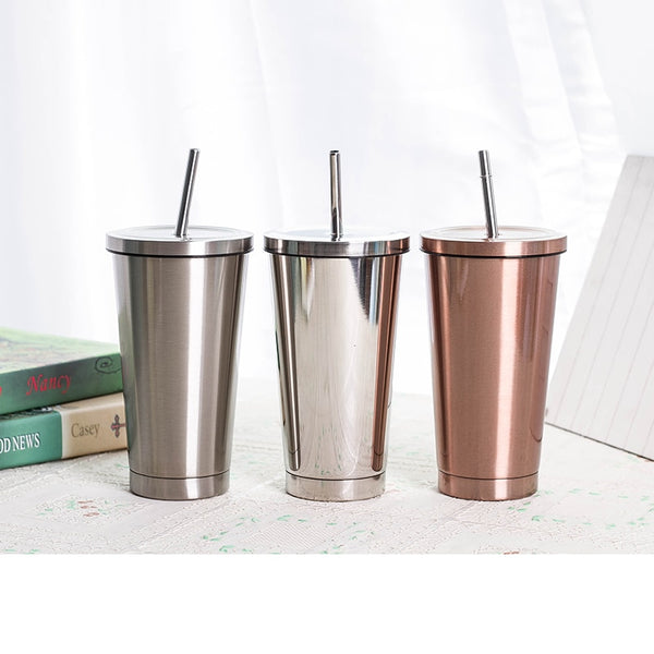 498ml 17oz Fashion Portable Coffee Mug With lid Straw Double Wall Stainless Steel Vacuum flask Travel Tea milk mugs thermos cup