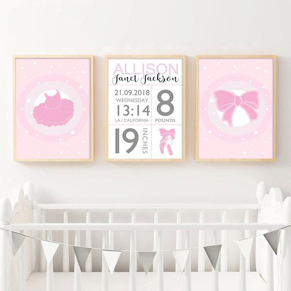 NICOLESHENTING Baby Birth Stats Custom Poster Cartoon Pink Nursery Canvas Art Print Painting Wall Picture Girls Room Decoration