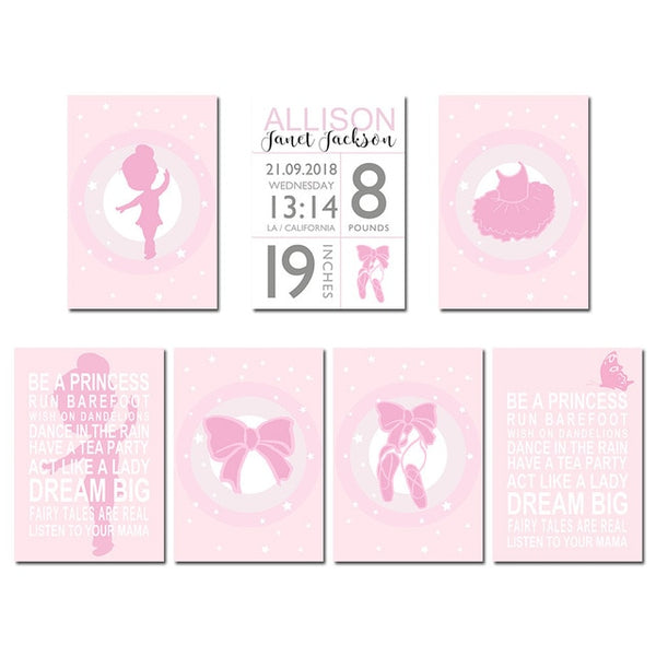 NICOLESHENTING Baby Birth Stats Custom Poster Cartoon Pink Nursery Canvas Art Print Painting Wall Picture Girls Room Decoration