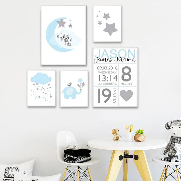 NICOLESHENTING Birth Stats Custom Posters Cartoon Nursery Canvas Art Prints Painting Wall Picture Nordic Kids Bedroom Decoration