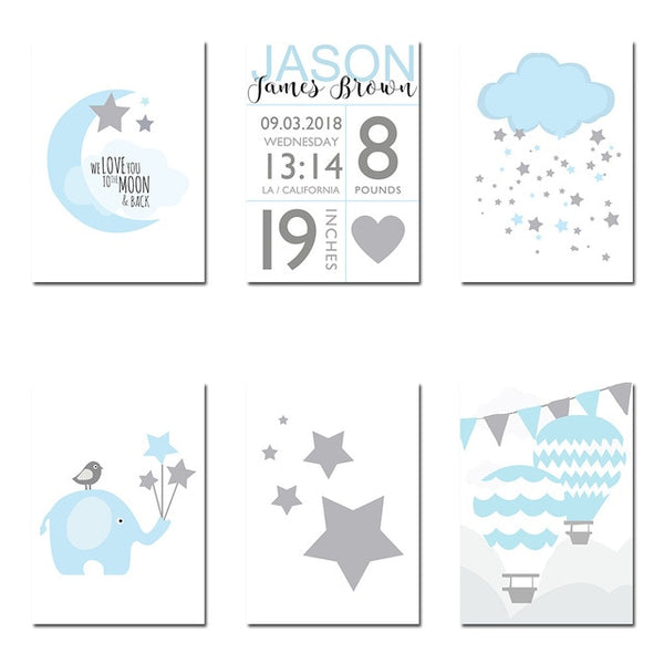 NICOLESHENTING Birth Stats Custom Posters Cartoon Nursery Canvas Art Prints Painting Wall Picture Nordic Kids Bedroom Decoration