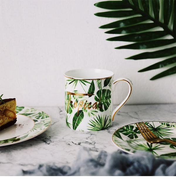 Beauty Gold European Style Green Plants Pattern Ceramic Tableware Porcelain Dinnerware Set Bone China Plate Mug Cup And Saucer