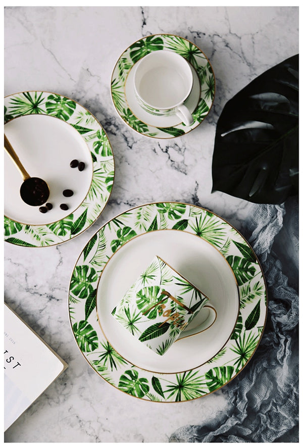 Beauty Gold European Style Green Plants Pattern Ceramic Tableware Porcelain Dinnerware Set Bone China Plate Mug Cup And Saucer