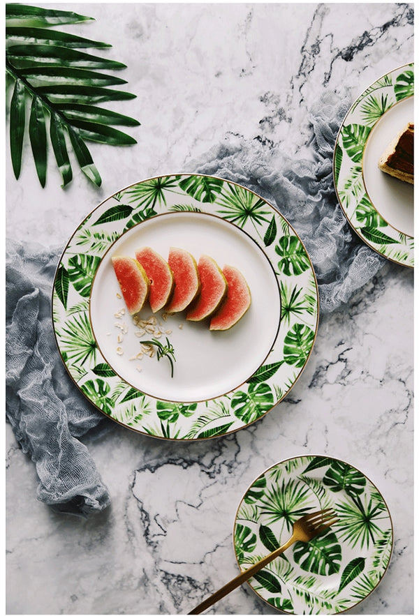 Beauty Gold European Style Green Plants Pattern Ceramic Tableware Porcelain Dinnerware Set Bone China Plate Mug Cup And Saucer