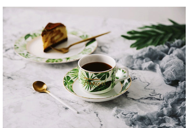 Beauty Gold European Style Green Plants Pattern Ceramic Tableware Porcelain Dinnerware Set Bone China Plate Mug Cup And Saucer