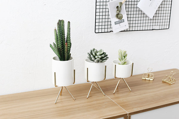 Set of 3pcs Ceramic Flower Planters with Iron Shelf Succulent Plant Pot Home Garden Decorative Flower Vase without plants