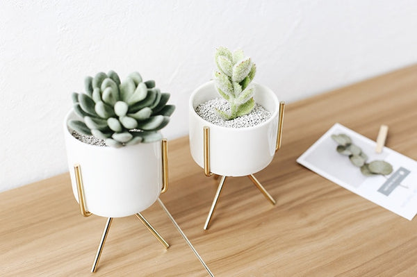 Set of 3pcs Ceramic Flower Planters with Iron Shelf Succulent Plant Pot Home Garden Decorative Flower Vase without plants