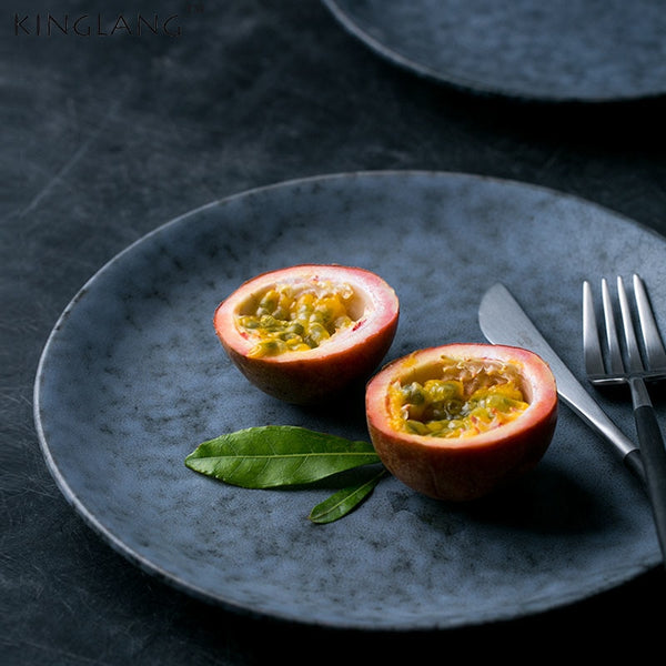 Kinglang round dinner plate home use ceramic dish grey marble color solid plate wholesale