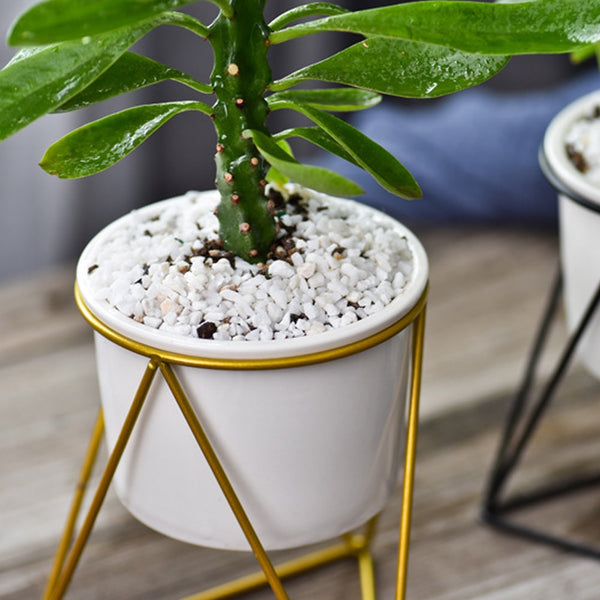 Nordic Style Geometric Iron Rack Holder Metal Stand with Ceramic Planter Desktop Garden Pot for Succulents Plants Home Decor