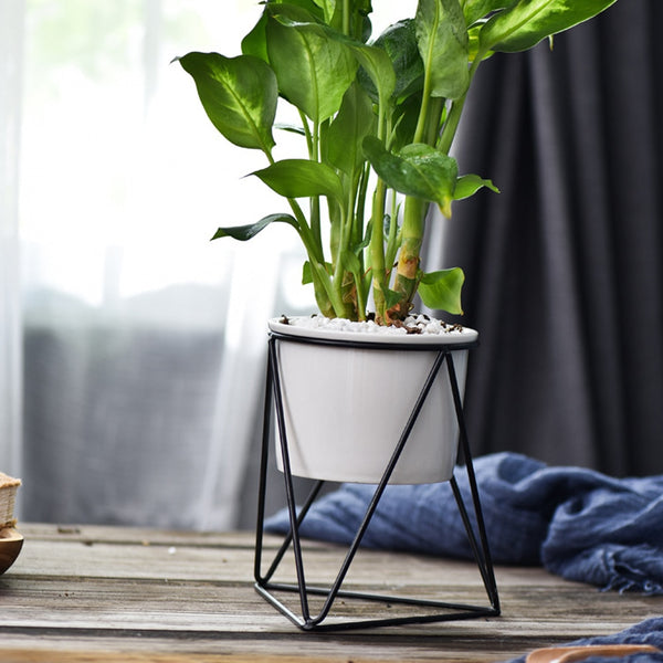 Nordic Style Geometric Iron Rack Holder Metal Stand with Ceramic Planter Desktop Garden Pot for Succulents Plants Home Decor