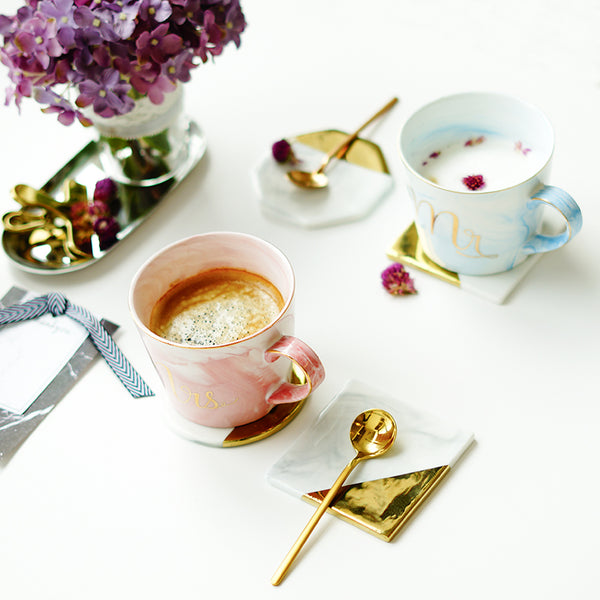 Handpainted Gold Monogram Natural Marble Porcelain Coffee Mug Mr and Mrs Tea Milk Cups and Mugs Creative Wedding Gift
