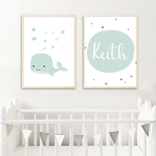 Custom Name Poster Baby Nursery Wall Art Canvas Painting Cartoon Whale Print Nordic Kids Decoration Picture Boys Bedroom Decor