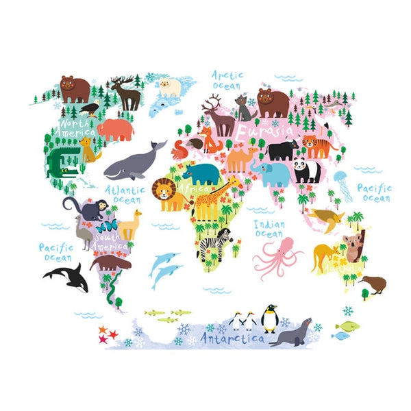 new 037 cartoon animals world map wall decals for kids rooms office home decorations pvc wall stickers diy mural art posters
