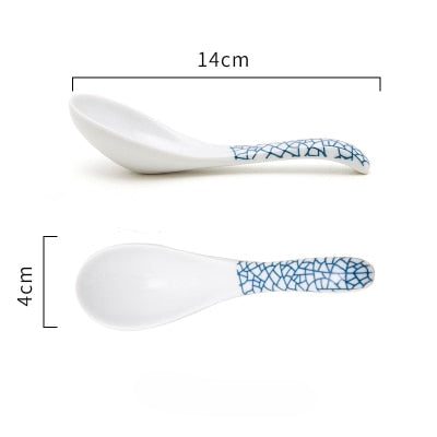 KINGLANG Japanese Style Classical Ceramic Blue And White Kitchen Rice Bowl Big Ramen Soup Bowl Spoon Small Tea Tableware