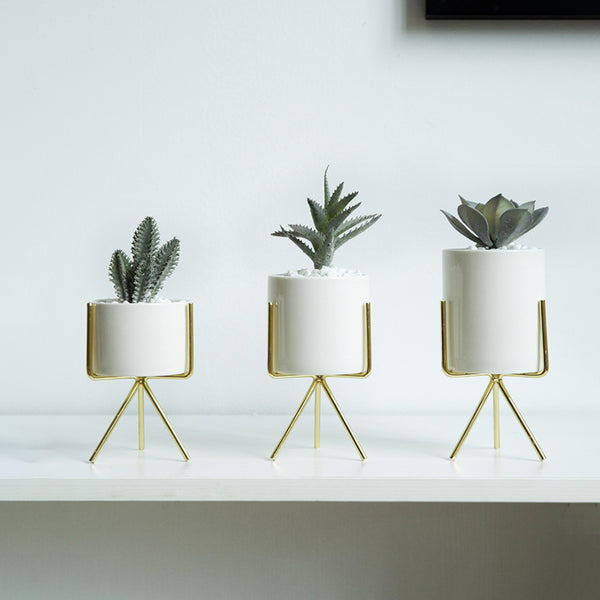 Set of 3pcs Ceramic Flower Planters with Iron Shelf Succulent Plant Pot Home Garden Decorative Flower Vase without plants