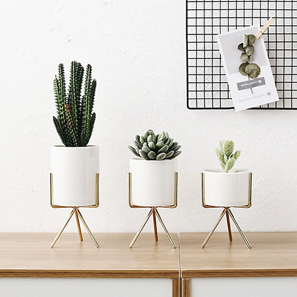 Set of 3pcs Ceramic Flower Planters with Iron Shelf Succulent Plant Pot Home Garden Decorative Flower Vase without plants