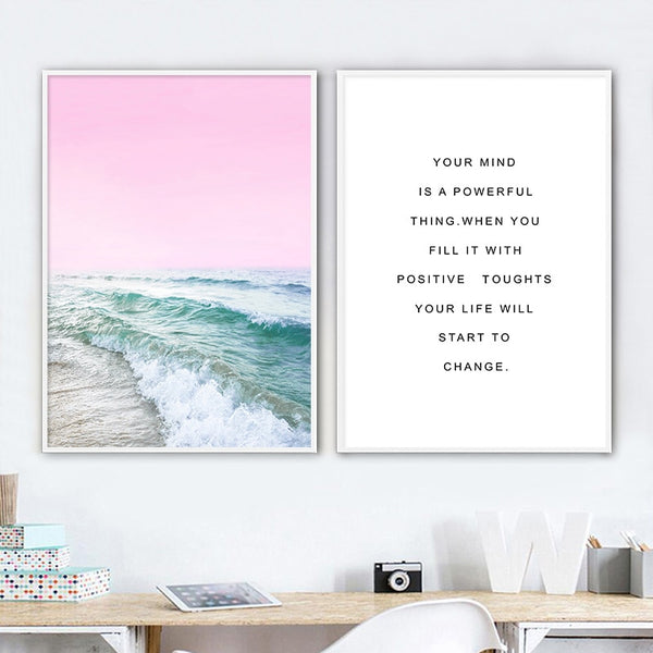 Pink Ocean Waves Canvas Poster Nordic Sea Beach Landscape Wall Art Print Painting Decoration Picture Scandinavian Home Decor