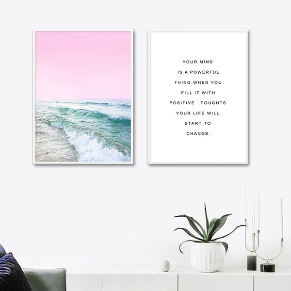 Pink Ocean Waves Canvas Poster Nordic Sea Beach Landscape Wall Art Print Painting Decoration Picture Scandinavian Home Decor