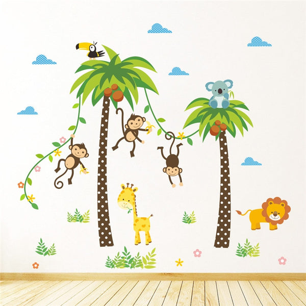 Forest Animals Giraffe Lion Monkey Palm Tree wall stickers for kids room Children Wall Decal Nursery Bedroom Decor Poster Mural