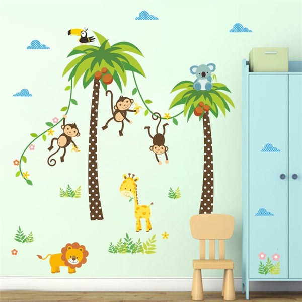 Forest Animals Giraffe Lion Monkey Palm Tree wall stickers for kids room Children Wall Decal Nursery Bedroom Decor Poster Mural