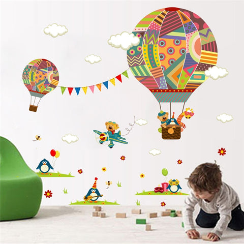 Colorful Hot Air Balloon Bear Giraffe Nursery Room wall sticker for Kids Rooms children 's room cartoon Wall Decals Mural
