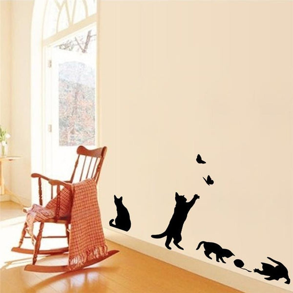 1 Set/Pack New Arrived Cat play Butterflies Wall Sticker Removable Decoration Decals for Bedroom Kitchen Living Room Walls