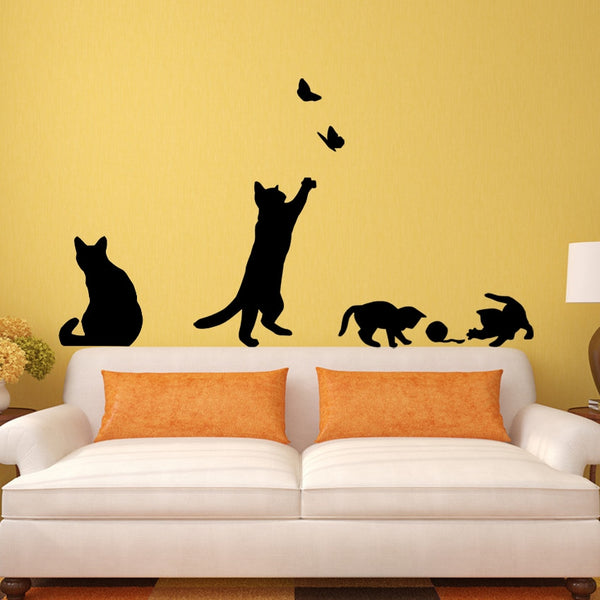 1 Set/Pack New Arrived Cat play Butterflies Wall Sticker Removable Decoration Decals for Bedroom Kitchen Living Room Walls