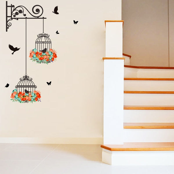 New Birdcage Flower Flying for Living room Nursery Room Wall Stickers Vinyl Wall Decals Wall Sticker for Kids Room Home Decor