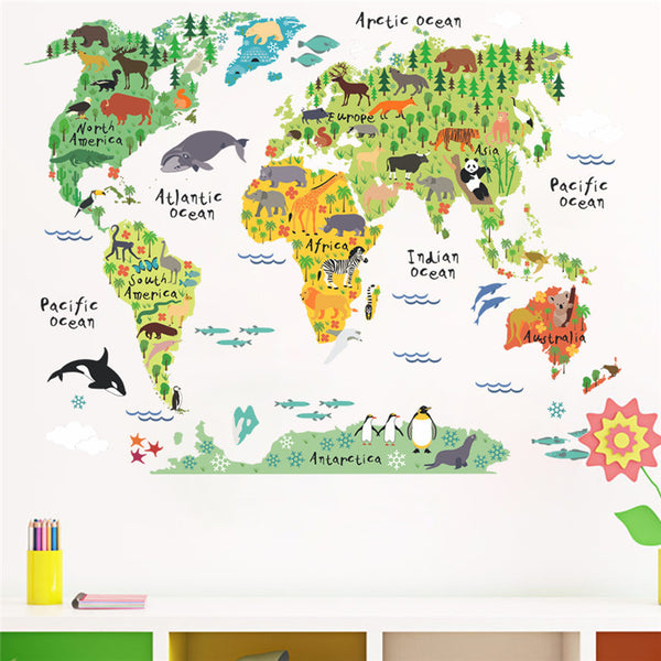 new 037 cartoon animals world map wall decals for kids rooms office home decorations pvc wall stickers diy mural art posters