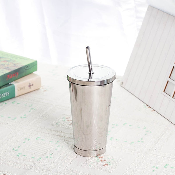 498ml 17oz Fashion Portable Coffee Mug With lid Straw Double Wall Stainless Steel Vacuum flask Travel Tea milk mugs thermos cup