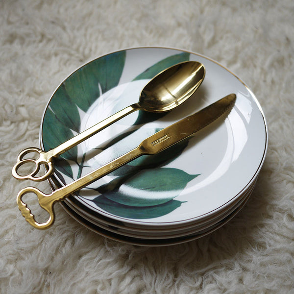 1pc European Rainforest Ceramic Plate Handcraft Leaf Gold Inlay Porcelain Serving Platter Steak Plates Dishes Home Kitchen Deco