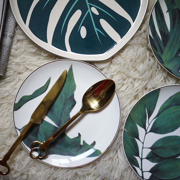 1pc European Rainforest Ceramic Plate Handcraft Leaf Gold Inlay Porcelain Serving Platter Steak Plates Dishes Home Kitchen Deco