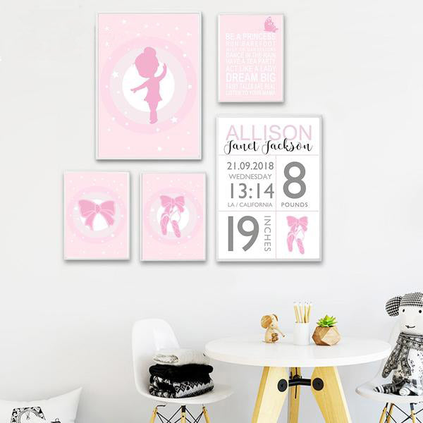 NICOLESHENTING Baby Birth Stats Custom Poster Cartoon Pink Nursery Canvas Art Print Painting Wall Picture Girls Room Decoration