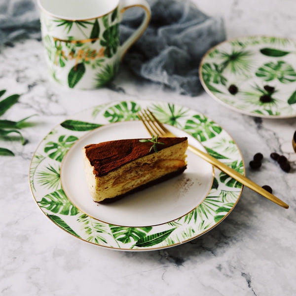 Beauty Gold European Style Green Plants Pattern Ceramic Tableware Porcelain Dinnerware Set Bone China Plate Mug Cup And Saucer