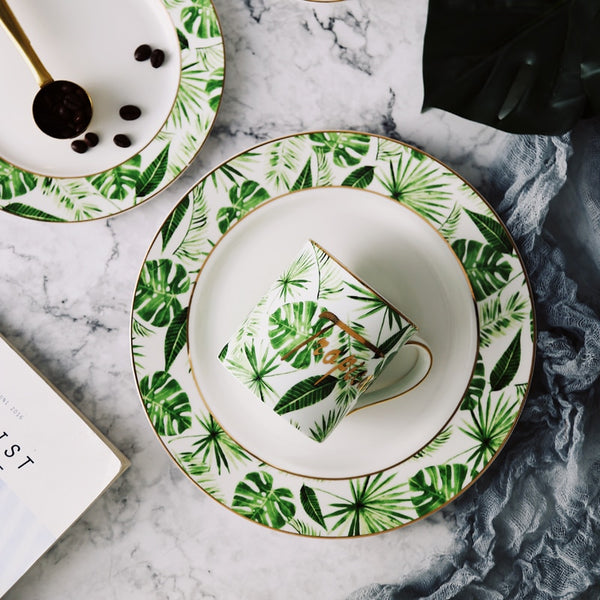 Beauty Gold European Style Green Plants Pattern Ceramic Tableware Porcelain Dinnerware Set Bone China Plate Mug Cup And Saucer