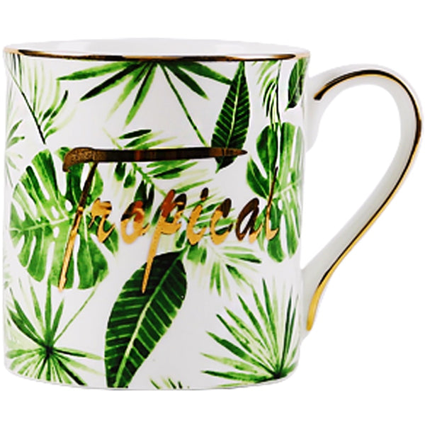 Beauty Gold European Style Green Plants Pattern Ceramic Tableware Porcelain Dinnerware Set Bone China Plate Mug Cup And Saucer
