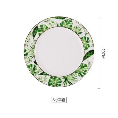 Beauty Gold European Style Green Plants Pattern Ceramic Tableware Porcelain Dinnerware Set Bone China Plate Mug Cup And Saucer