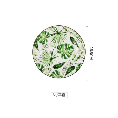Beauty Gold European Style Green Plants Pattern Ceramic Tableware Porcelain Dinnerware Set Bone China Plate Mug Cup And Saucer