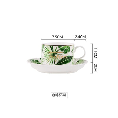 Beauty Gold European Style Green Plants Pattern Ceramic Tableware Porcelain Dinnerware Set Bone China Plate Mug Cup And Saucer
