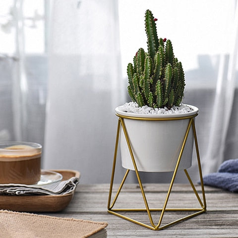 Nordic Style Geometric Iron Rack Holder Metal Stand with Ceramic Planter Desktop Garden Pot for Succulents Plants Home Decor