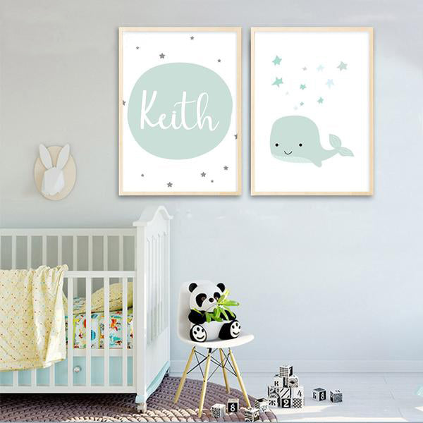 Custom Name Poster Baby Nursery Wall Art Canvas Painting Cartoon Whale Print Nordic Kids Decoration Picture Boys Bedroom Decor