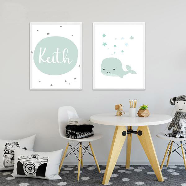 Custom Name Poster Baby Nursery Wall Art Canvas Painting Cartoon Whale Print Nordic Kids Decoration Picture Boys Bedroom Decor