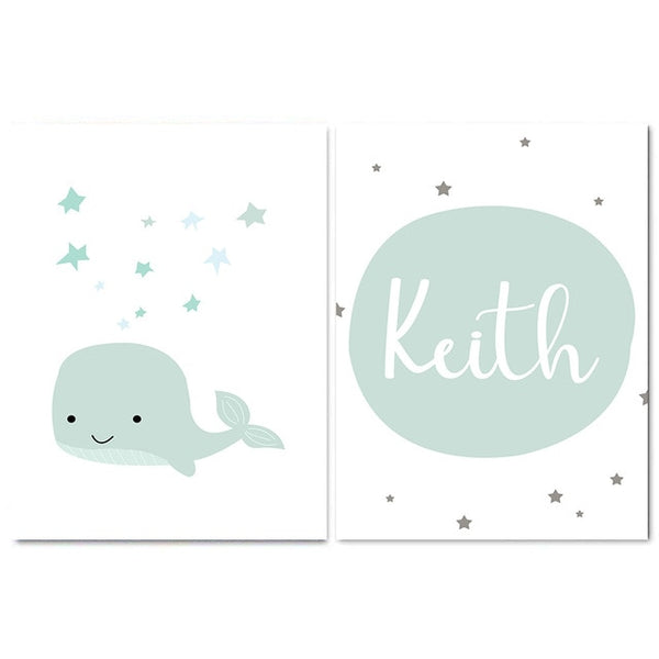 Custom Name Poster Baby Nursery Wall Art Canvas Painting Cartoon Whale Print Nordic Kids Decoration Picture Boys Bedroom Decor