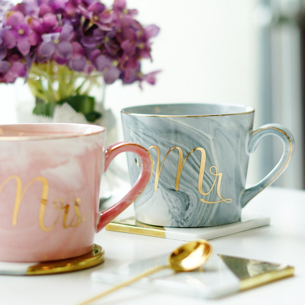 Handpainted Gold Monogram Natural Marble Porcelain Coffee Mug Mr and Mrs Tea Milk Cups and Mugs Creative Wedding Gift