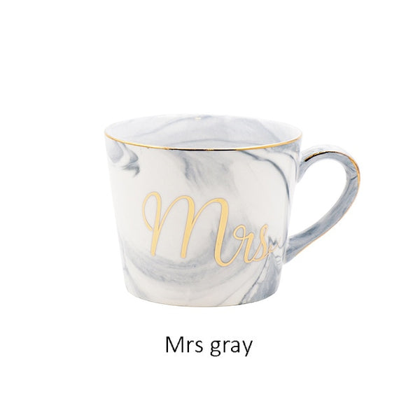 Handpainted Gold Monogram Natural Marble Porcelain Coffee Mug Mr and Mrs Tea Milk Cups and Mugs Creative Wedding Gift
