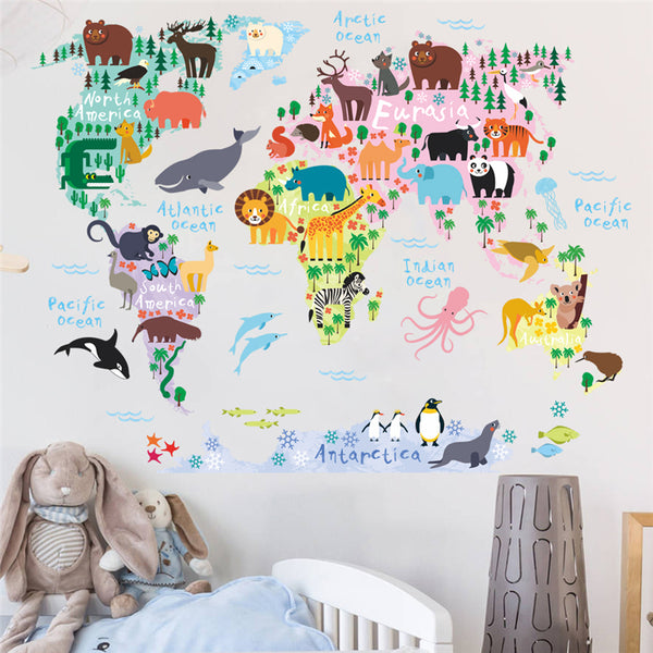 new 037 cartoon animals world map wall decals for kids rooms office home decorations pvc wall stickers diy mural art posters