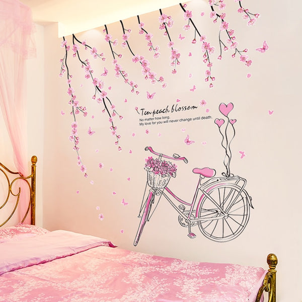 [SHIJUEHEZI] Cartoon Girl Wall Stickers PVC DIY Peach Flowers Bicycle Mural Sticker for Kids Rooms Baby Bedroom Decoration