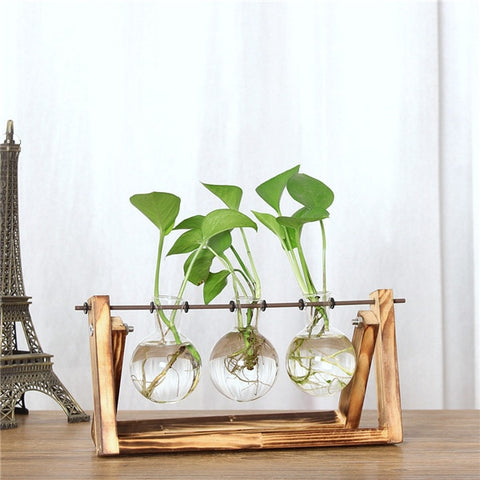 ISHOWTIENDA Vintage Creative Hydroponic Plant Transparent Vase Wooden Frame vase for decoratio Glass Tabletop Plant Bonsai Decor