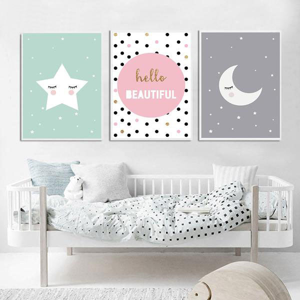 Cartoon Moon Star Nursery Quotes Wall Art Canvas Poster Print Kawaii Nordic Painting Picture Baby Bedroom Decoration Home Decor