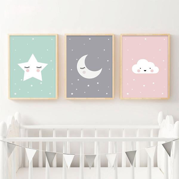 Cartoon Moon Star Nursery Quotes Wall Art Canvas Poster Print Kawaii Nordic Painting Picture Baby Bedroom Decoration Home Decor